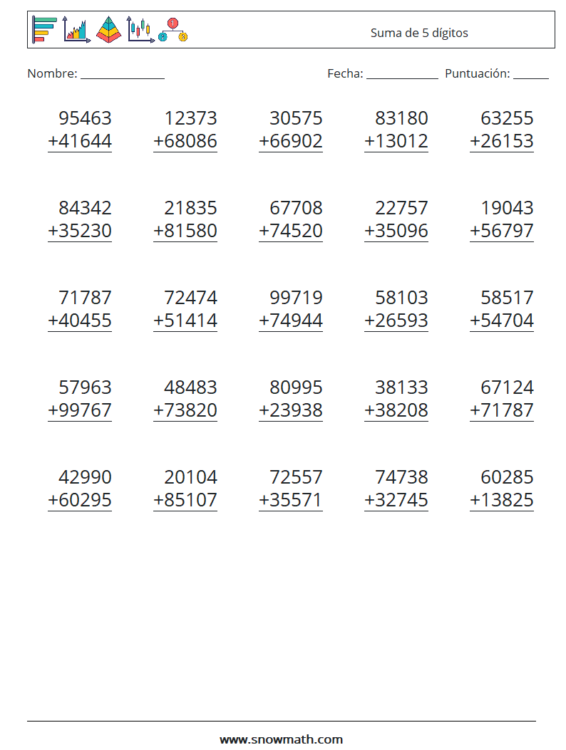 (25) Suma de 5 dígitos Hojas de trabajo de matemáticas 2