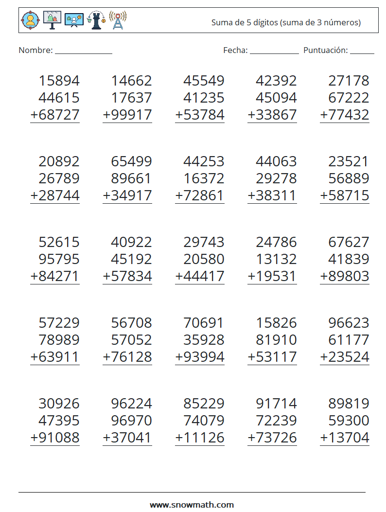 (25) Suma de 5 dígitos (suma de 3 números) Hojas de trabajo de matemáticas 1