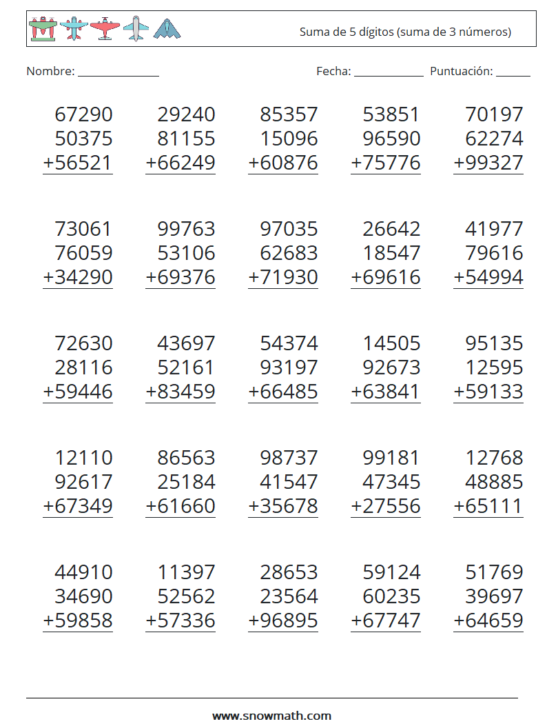 (25) Suma de 5 dígitos (suma de 3 números) Hojas de trabajo de matemáticas 10