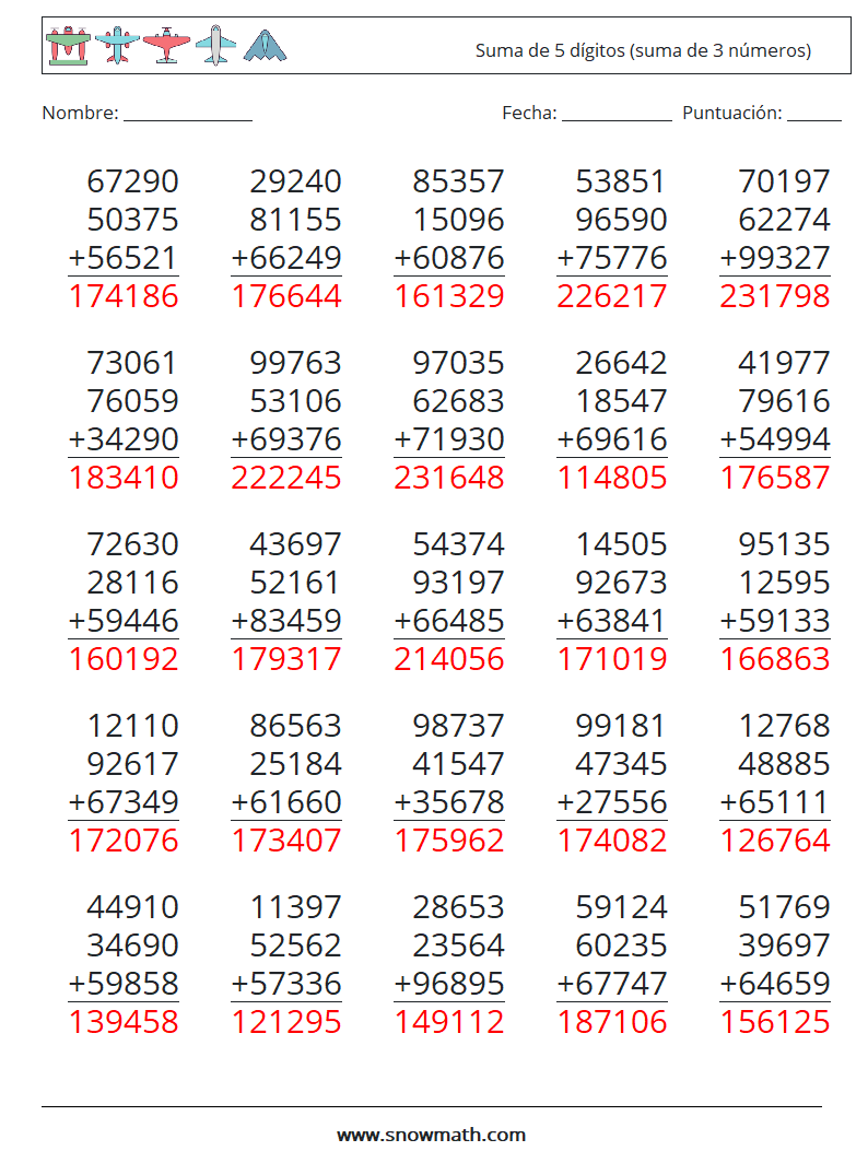 (25) Suma de 5 dígitos (suma de 3 números) Hojas de trabajo de matemáticas 10 Pregunta, respuesta