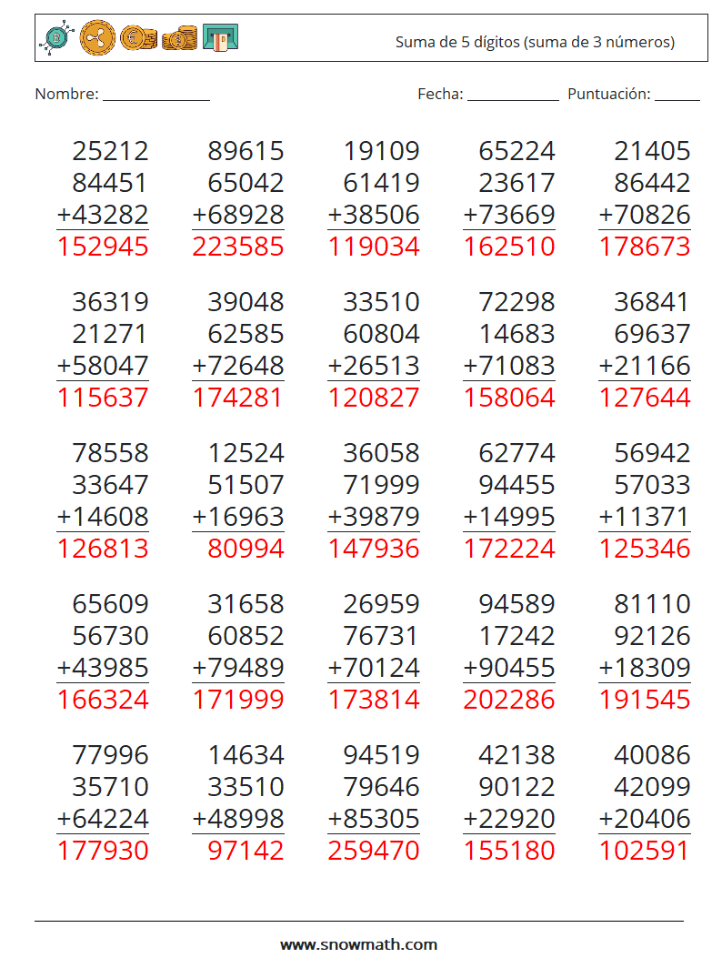 (25) Suma de 5 dígitos (suma de 3 números) Hojas de trabajo de matemáticas 11 Pregunta, respuesta