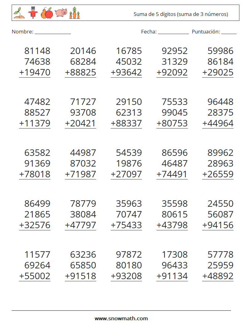 (25) Suma de 5 dígitos (suma de 3 números) Hojas de trabajo de matemáticas 12