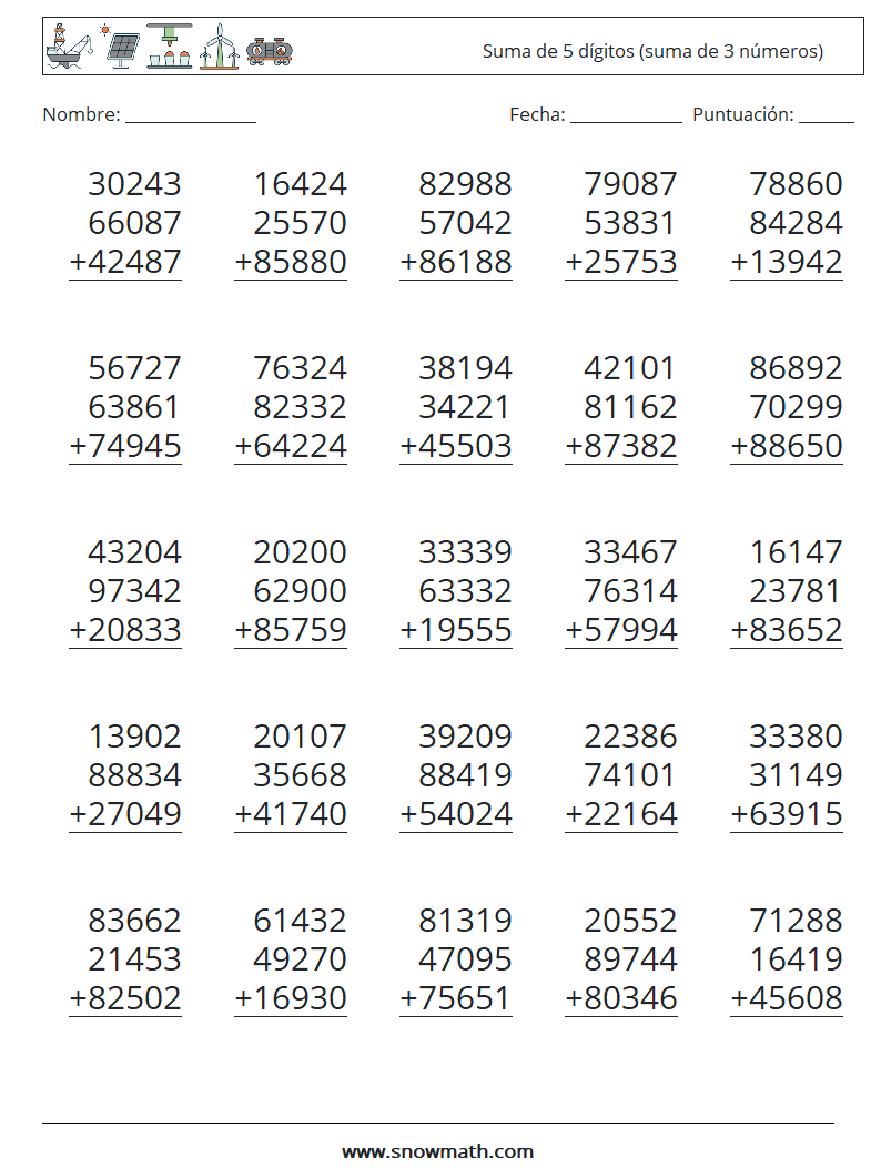 (25) Suma de 5 dígitos (suma de 3 números) Hojas de trabajo de matemáticas 13