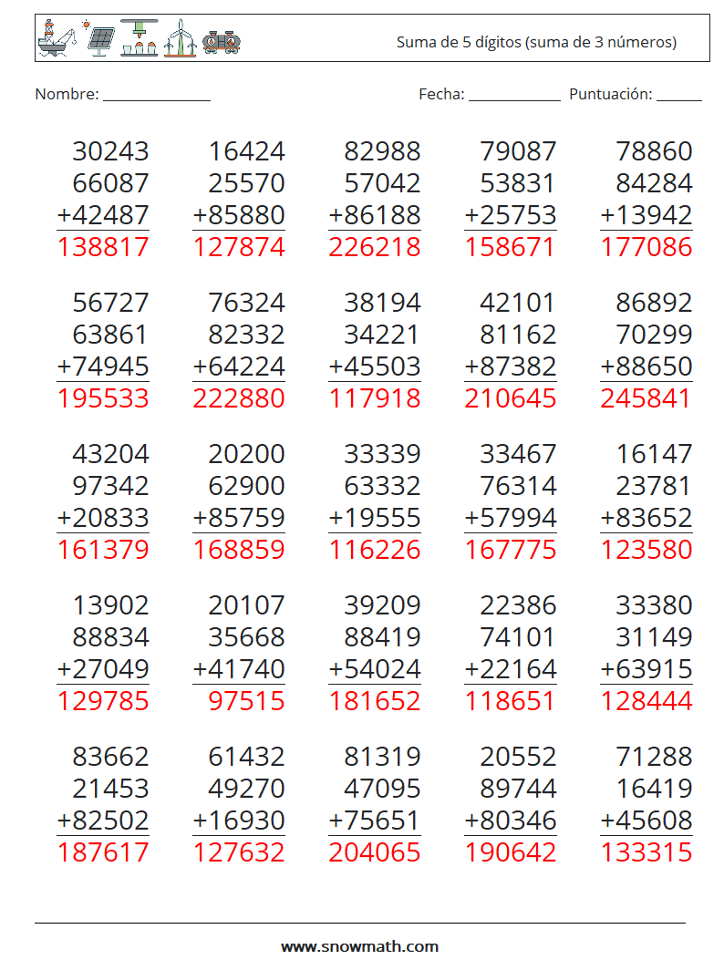 (25) Suma de 5 dígitos (suma de 3 números) Hojas de trabajo de matemáticas 13 Pregunta, respuesta