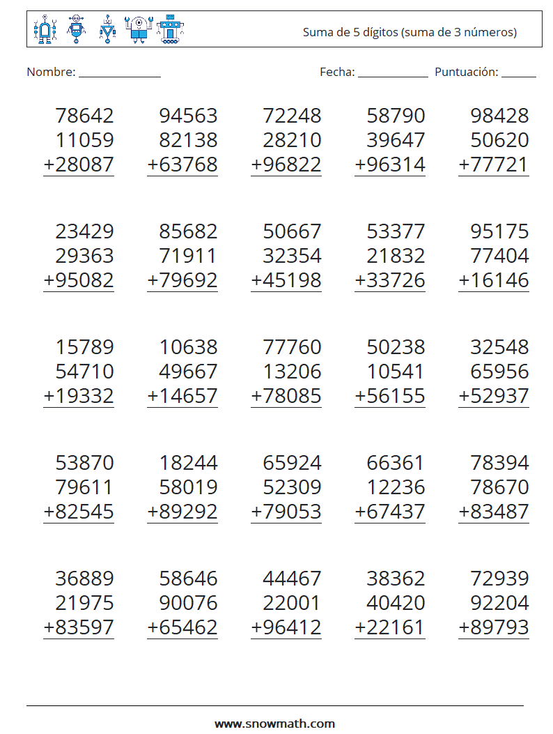 (25) Suma de 5 dígitos (suma de 3 números) Hojas de trabajo de matemáticas 14
