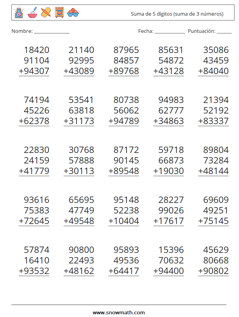 (25) Suma de 5 dígitos (suma de 3 números) Hojas de trabajo de matemáticas 16