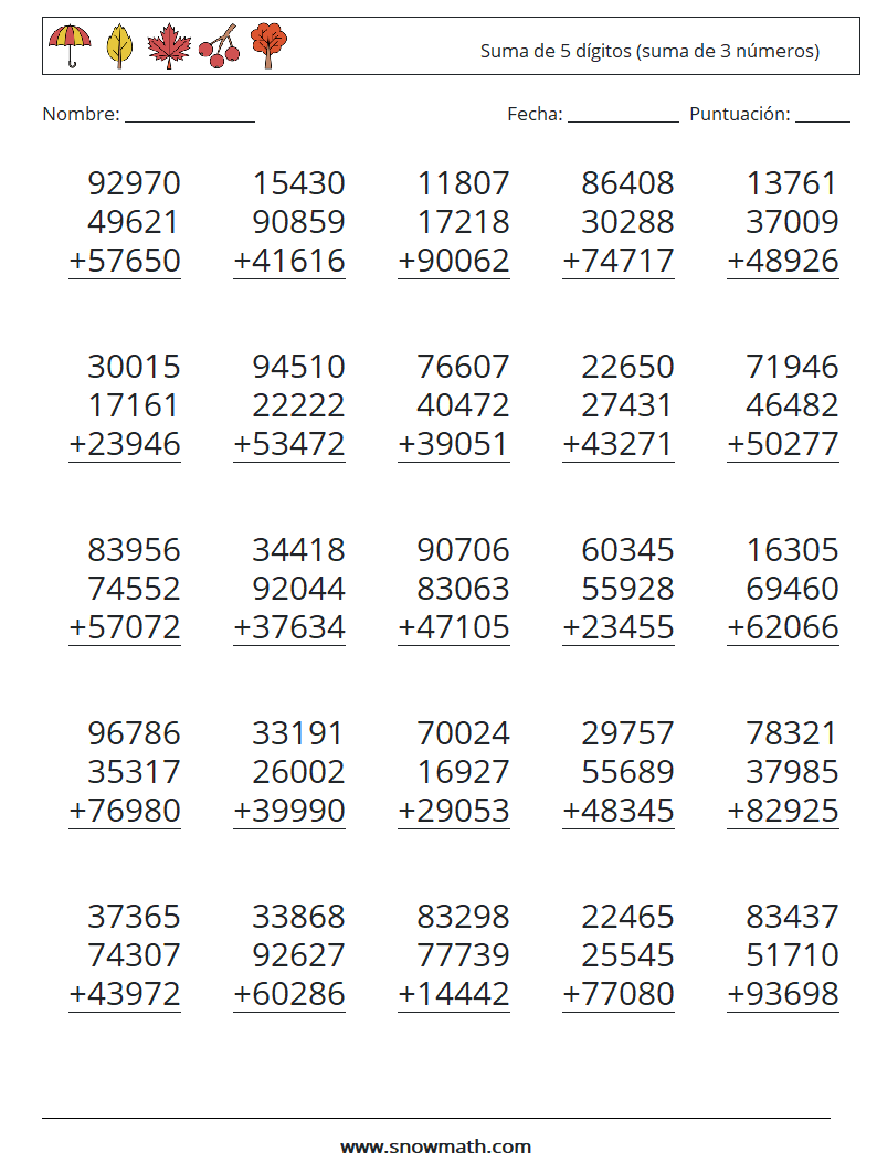 (25) Suma de 5 dígitos (suma de 3 números) Hojas de trabajo de matemáticas 17