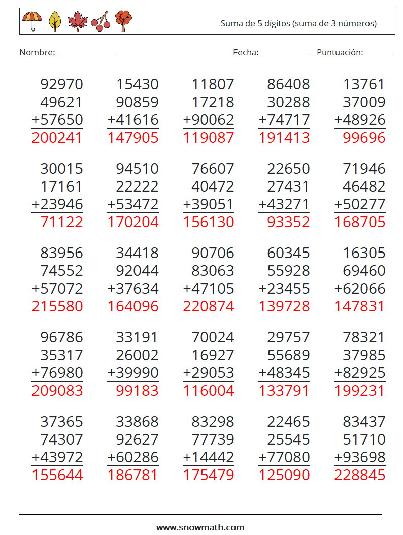 (25) Suma de 5 dígitos (suma de 3 números) Hojas de trabajo de matemáticas 17 Pregunta, respuesta