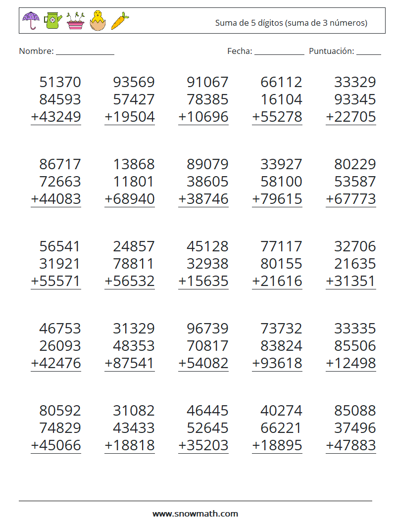 (25) Suma de 5 dígitos (suma de 3 números) Hojas de trabajo de matemáticas 18