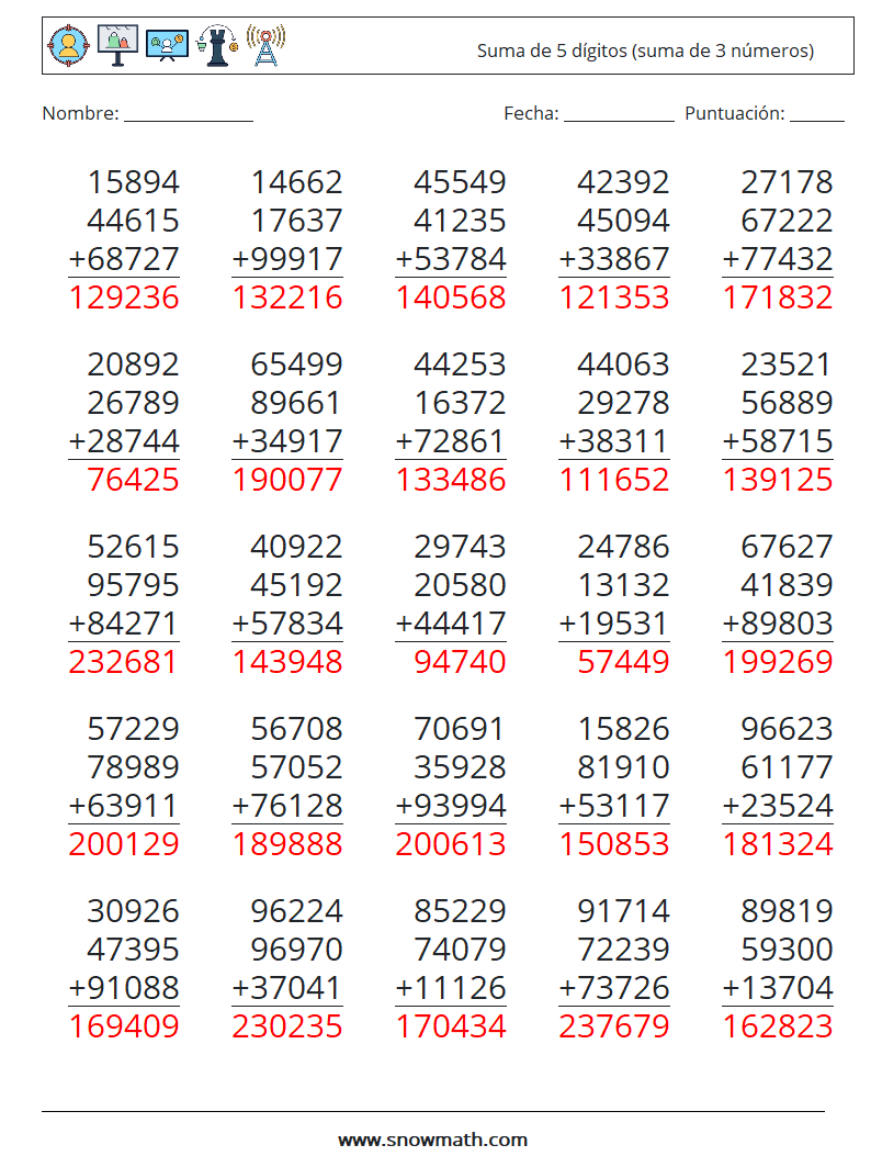(25) Suma de 5 dígitos (suma de 3 números) Hojas de trabajo de matemáticas 1 Pregunta, respuesta