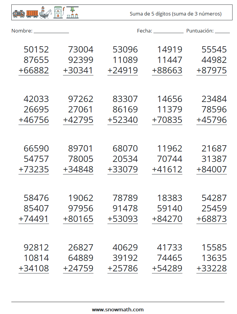 (25) Suma de 5 dígitos (suma de 3 números) Hojas de trabajo de matemáticas 2