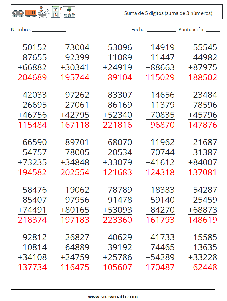 (25) Suma de 5 dígitos (suma de 3 números) Hojas de trabajo de matemáticas 2 Pregunta, respuesta