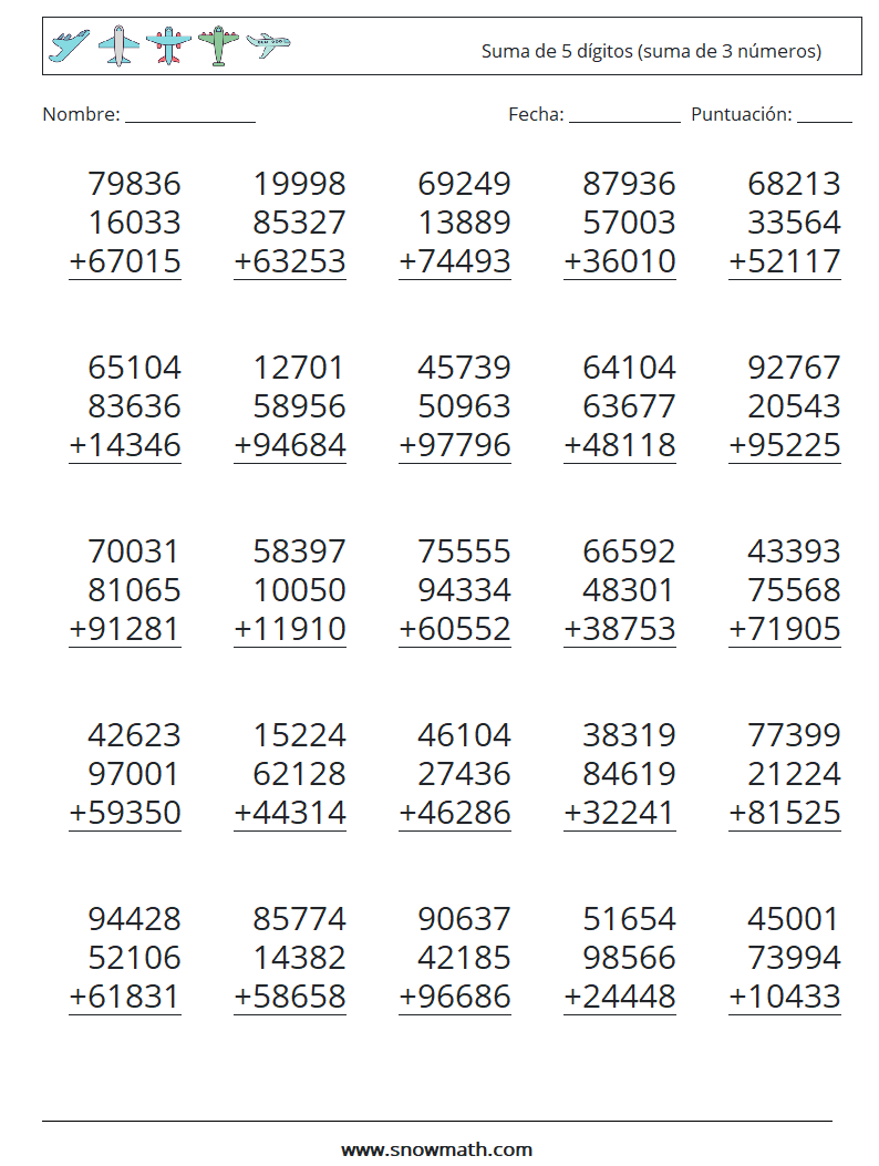 (25) Suma de 5 dígitos (suma de 3 números) Hojas de trabajo de matemáticas 3