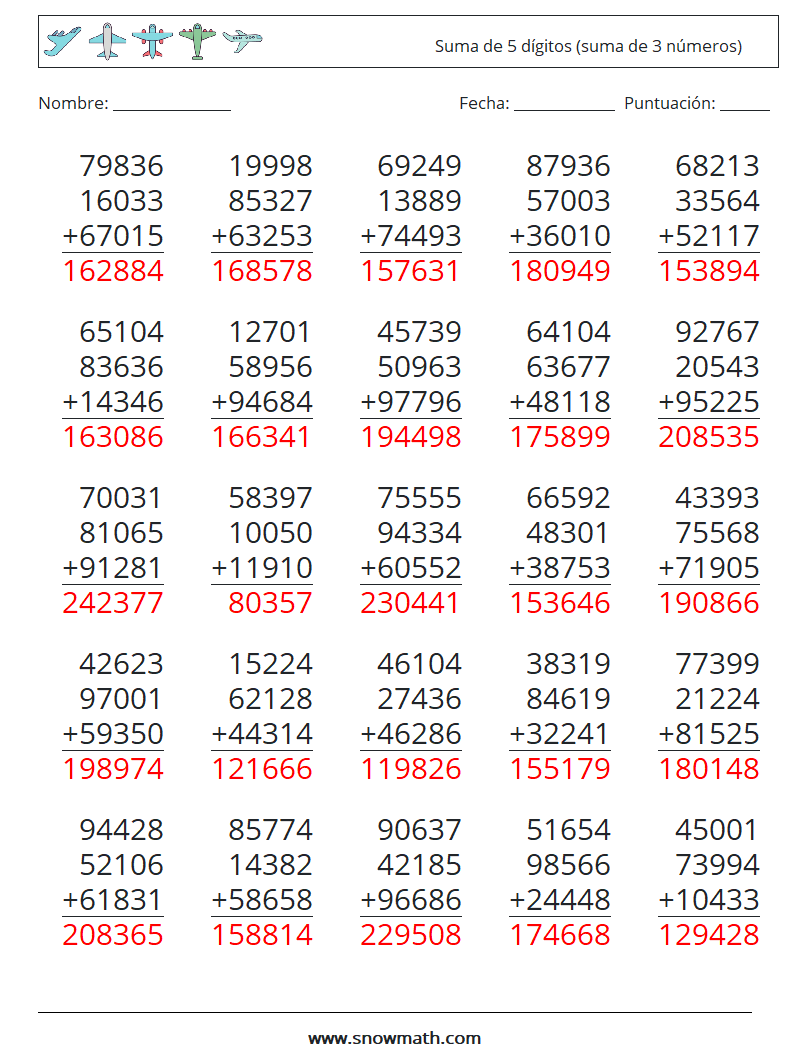 (25) Suma de 5 dígitos (suma de 3 números) Hojas de trabajo de matemáticas 3 Pregunta, respuesta