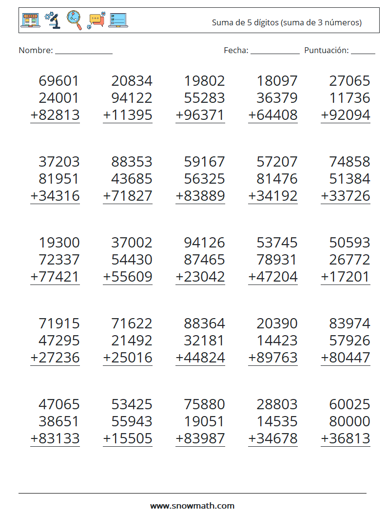 (25) Suma de 5 dígitos (suma de 3 números) Hojas de trabajo de matemáticas 4