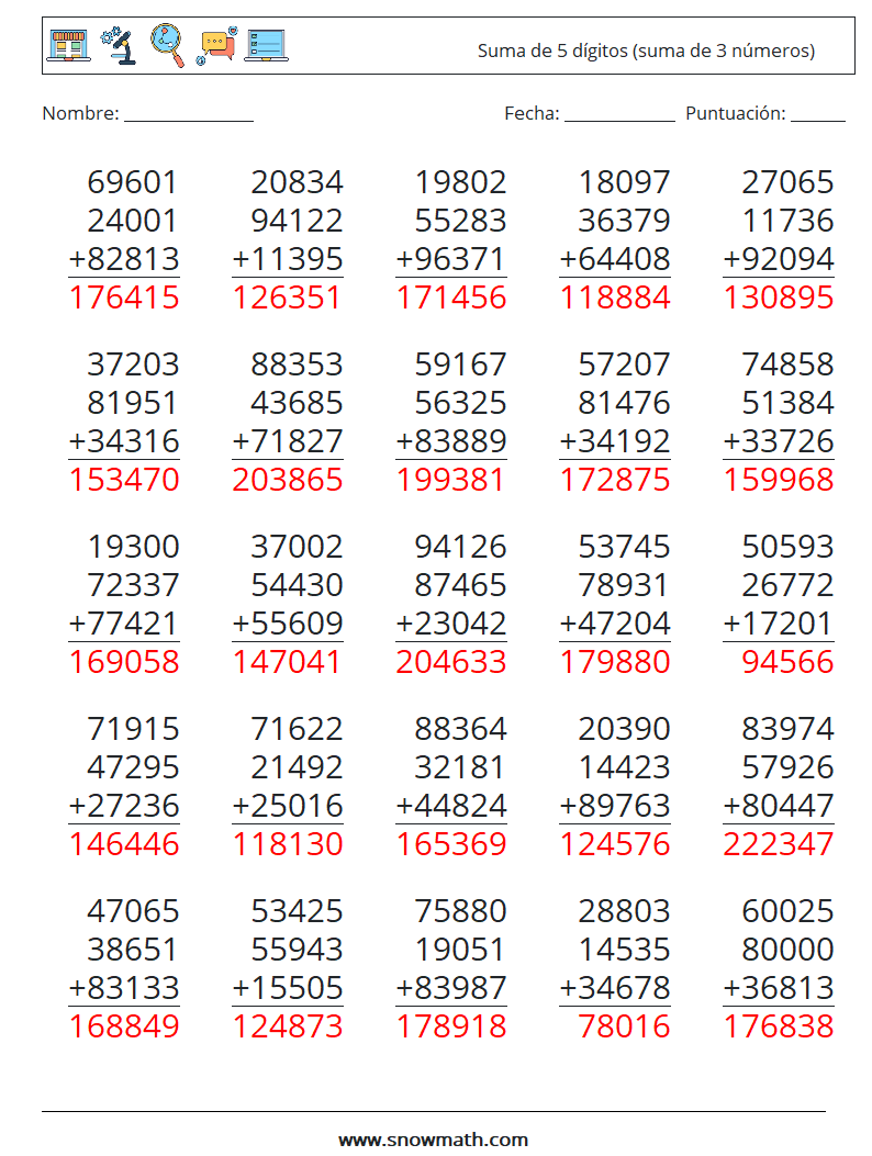 (25) Suma de 5 dígitos (suma de 3 números) Hojas de trabajo de matemáticas 4 Pregunta, respuesta