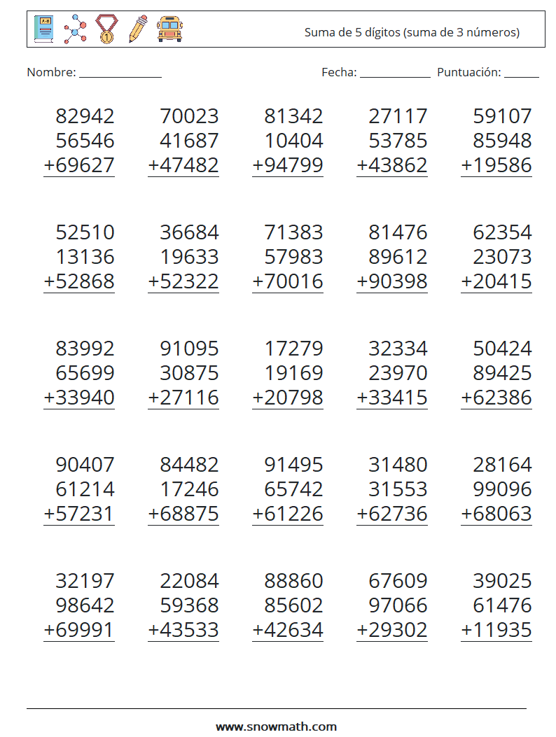 (25) Suma de 5 dígitos (suma de 3 números) Hojas de trabajo de matemáticas 5