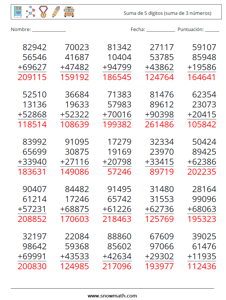 (25) Suma de 5 dígitos (suma de 3 números) Hojas de trabajo de matemáticas 5 Pregunta, respuesta