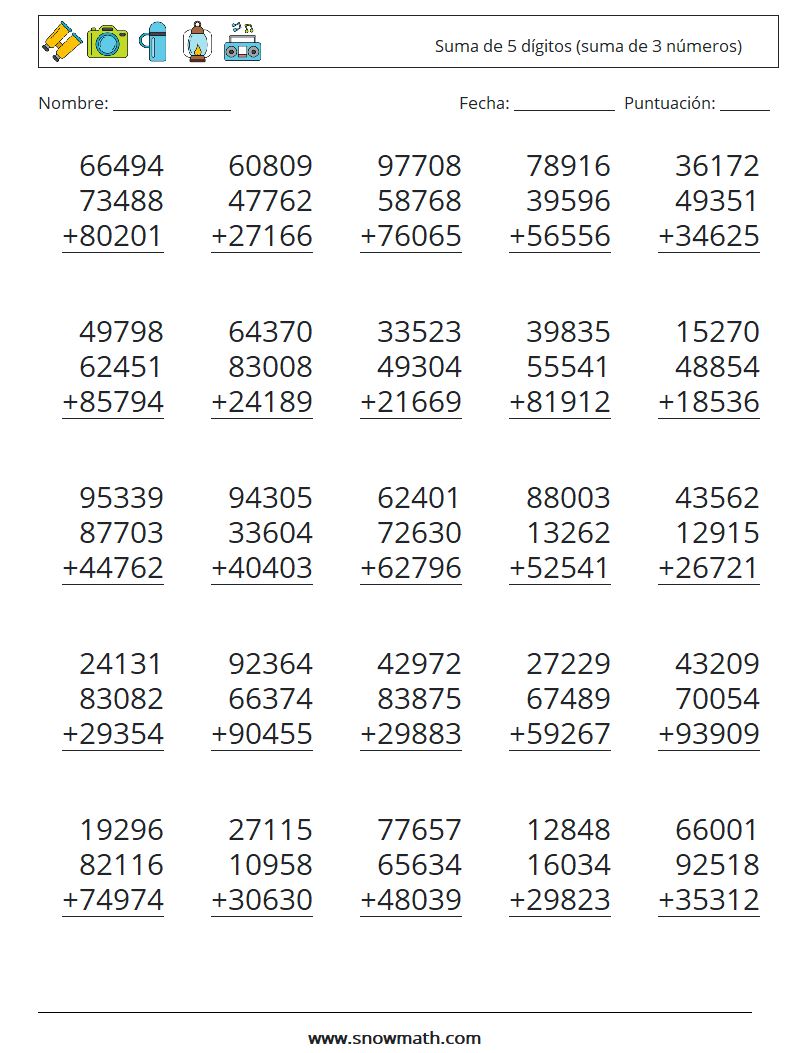 (25) Suma de 5 dígitos (suma de 3 números) Hojas de trabajo de matemáticas 6