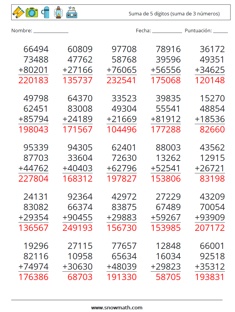 (25) Suma de 5 dígitos (suma de 3 números) Hojas de trabajo de matemáticas 6 Pregunta, respuesta