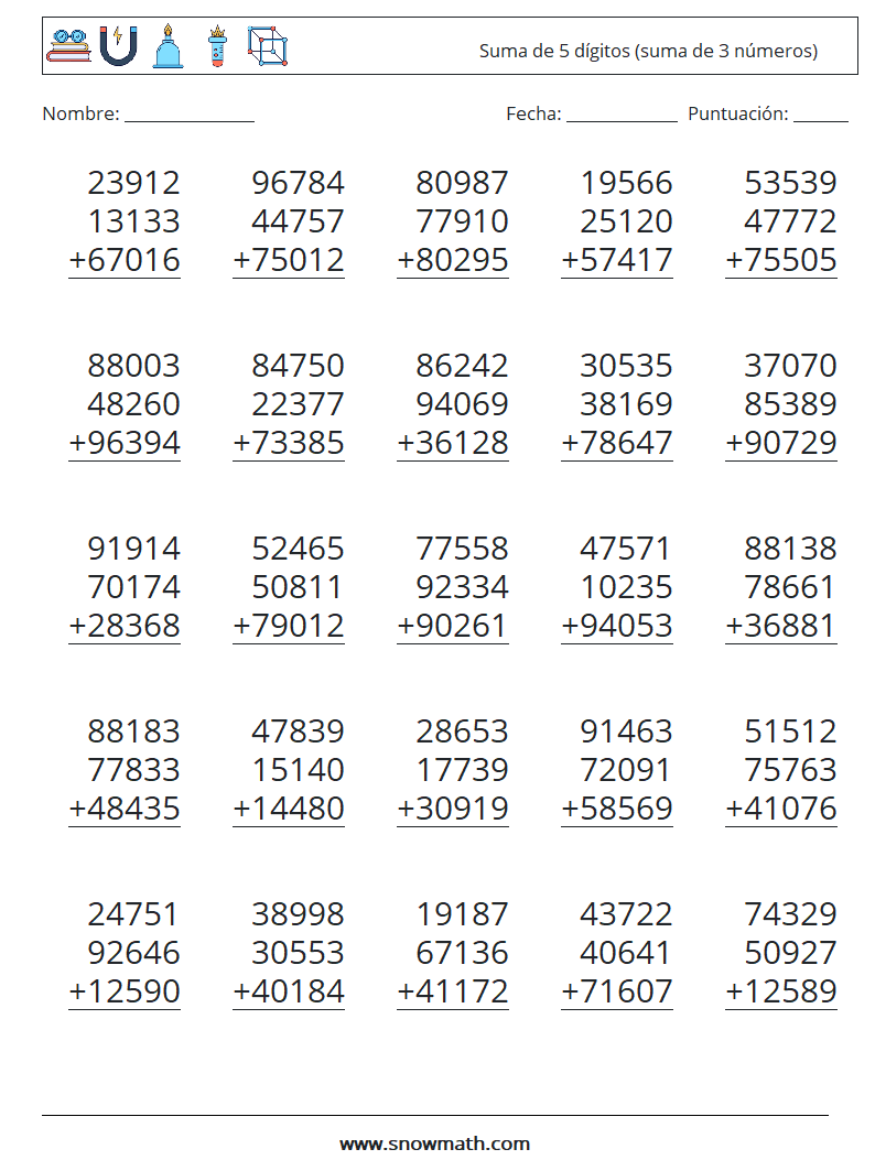 (25) Suma de 5 dígitos (suma de 3 números) Hojas de trabajo de matemáticas 7