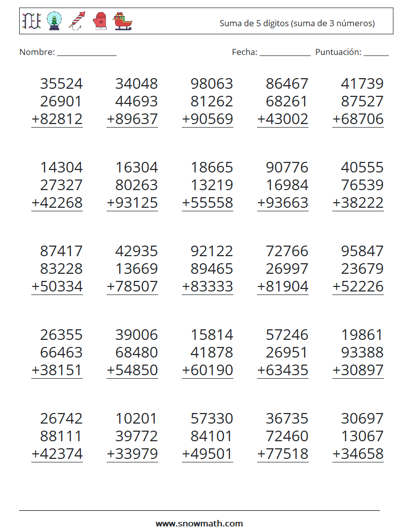 (25) Suma de 5 dígitos (suma de 3 números) Hojas de trabajo de matemáticas 8