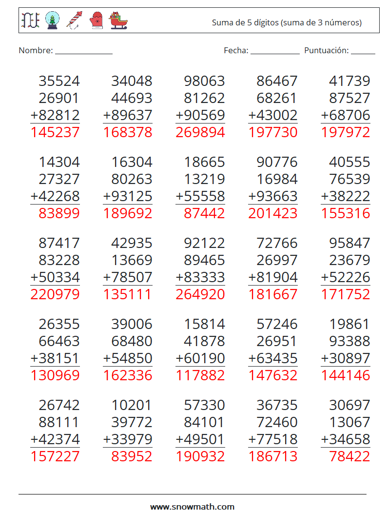 (25) Suma de 5 dígitos (suma de 3 números) Hojas de trabajo de matemáticas 8 Pregunta, respuesta