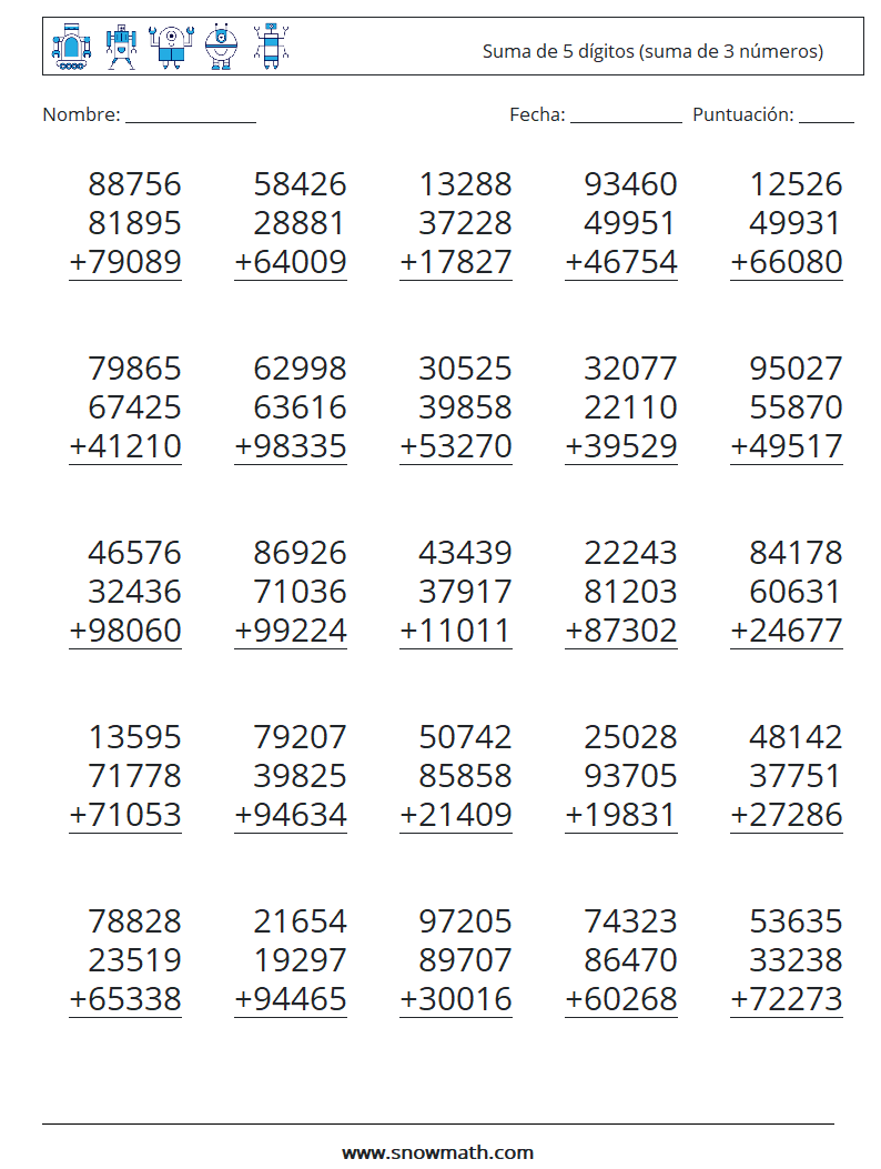 (25) Suma de 5 dígitos (suma de 3 números) Hojas de trabajo de matemáticas 9