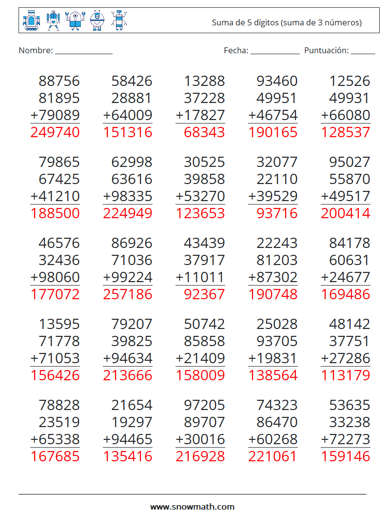 (25) Suma de 5 dígitos (suma de 3 números) Hojas de trabajo de matemáticas 9 Pregunta, respuesta