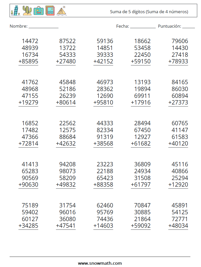 (25) Suma de 5 dígitos (Suma de 4 números) Hojas de trabajo de matemáticas 1