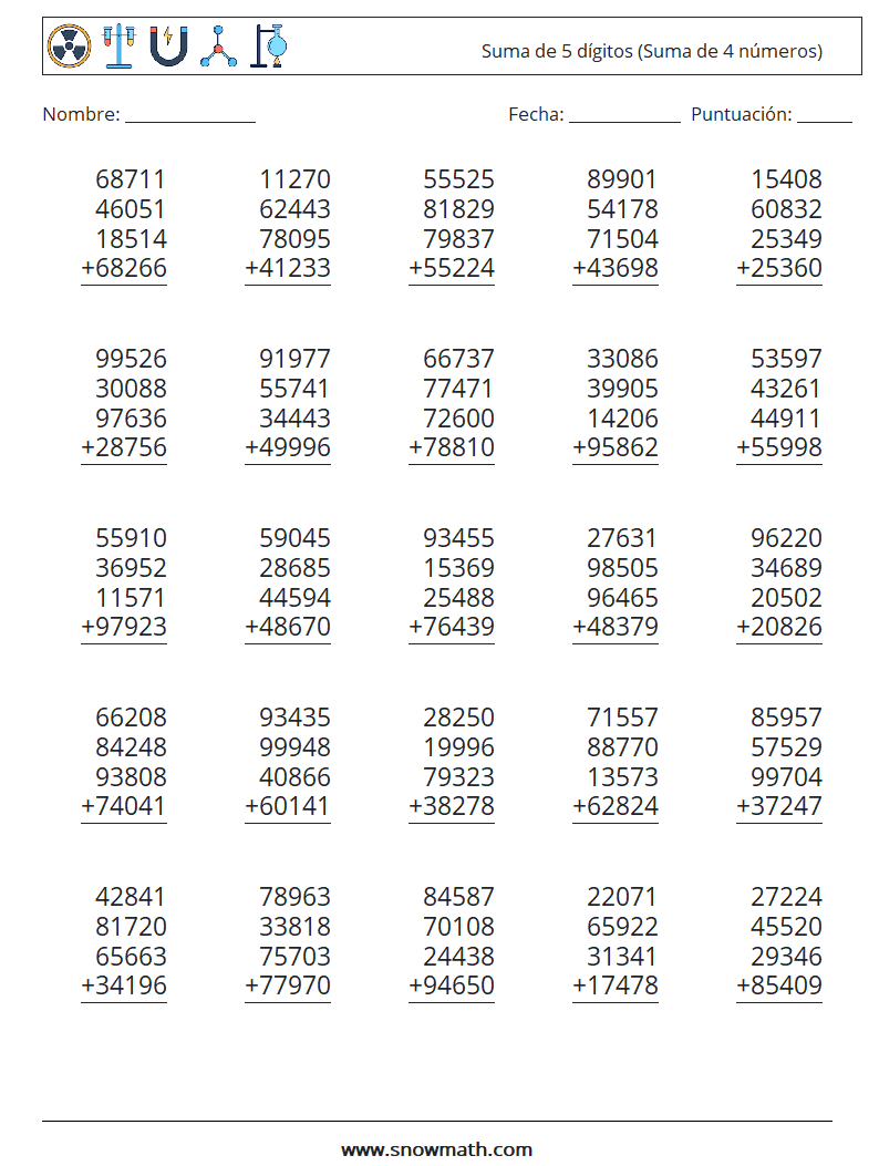 (25) Suma de 5 dígitos (Suma de 4 números) Hojas de trabajo de matemáticas 10