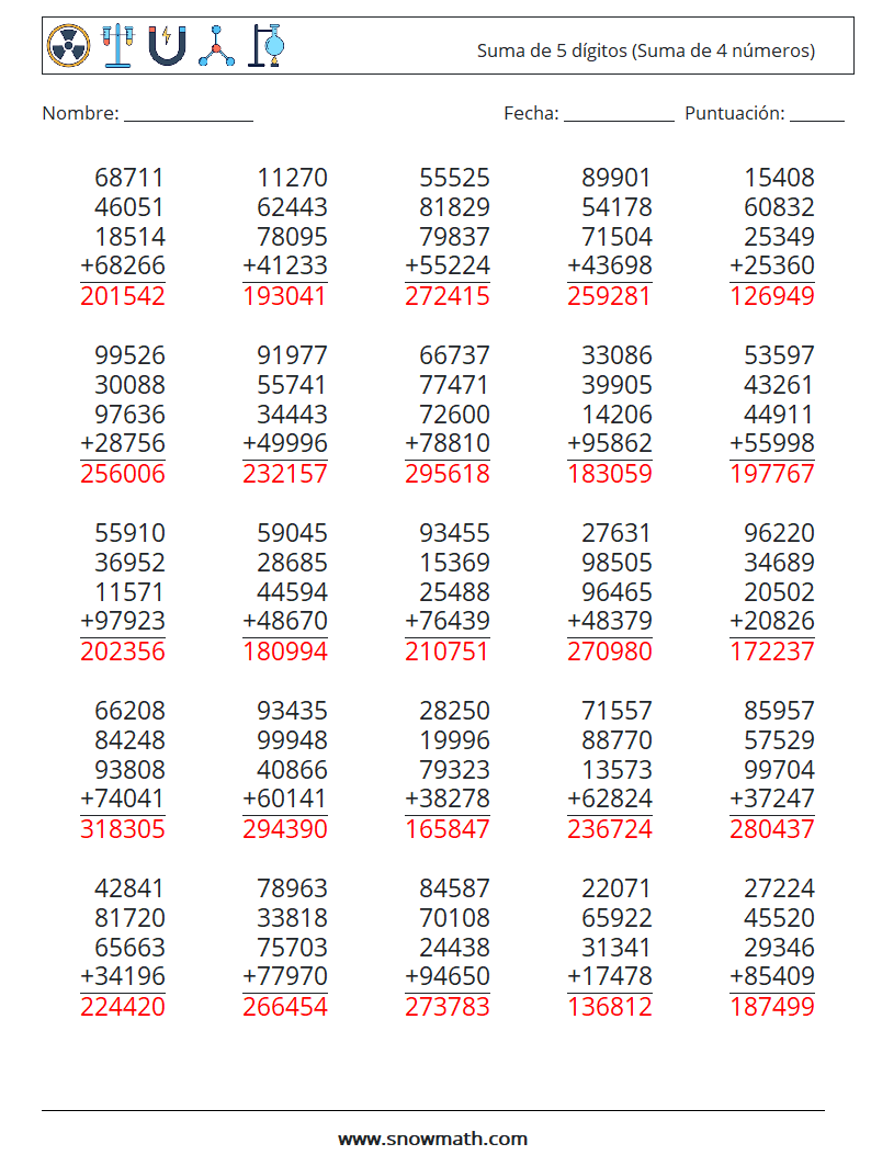 (25) Suma de 5 dígitos (Suma de 4 números) Hojas de trabajo de matemáticas 10 Pregunta, respuesta