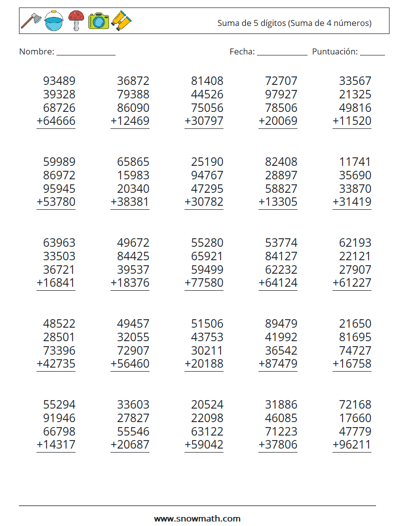 (25) Suma de 5 dígitos (Suma de 4 números) Hojas de trabajo de matemáticas 12