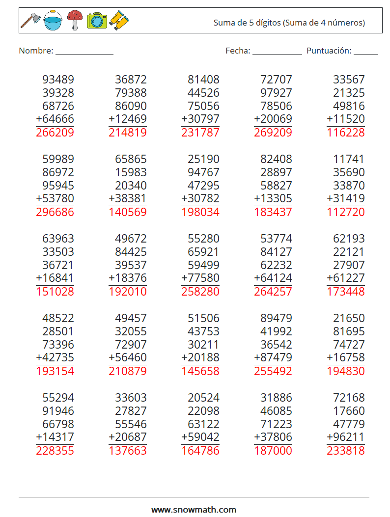 (25) Suma de 5 dígitos (Suma de 4 números) Hojas de trabajo de matemáticas 12 Pregunta, respuesta