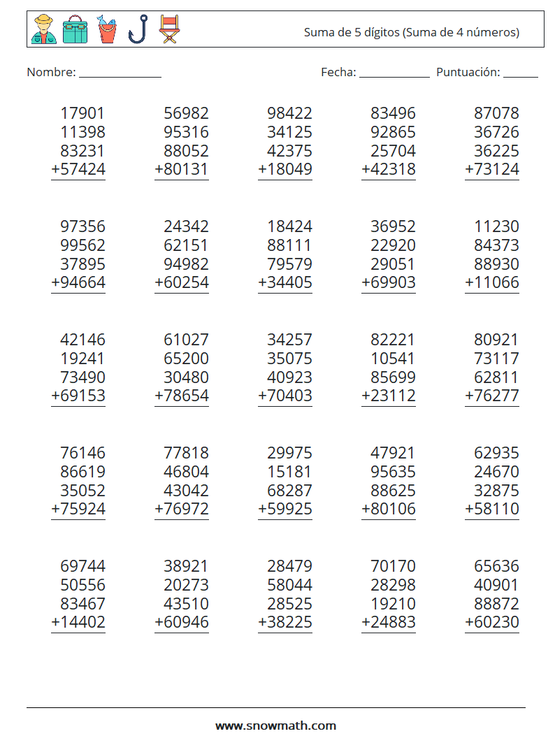 (25) Suma de 5 dígitos (Suma de 4 números) Hojas de trabajo de matemáticas 13