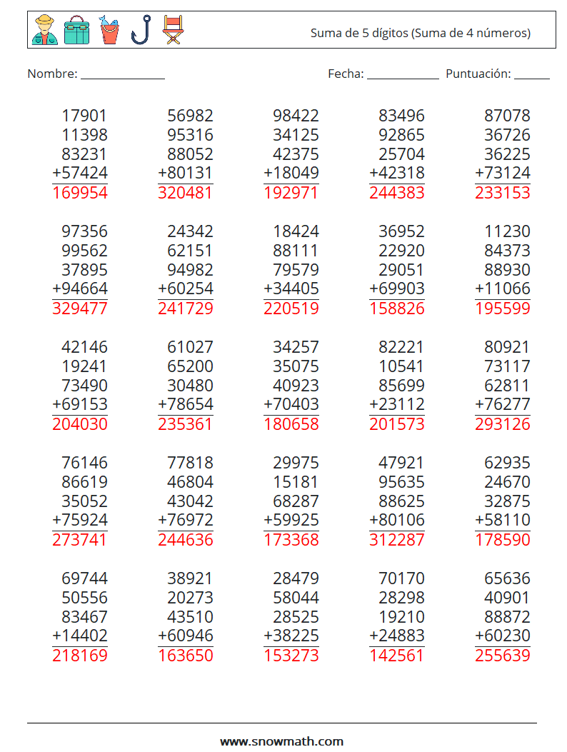 (25) Suma de 5 dígitos (Suma de 4 números) Hojas de trabajo de matemáticas 13 Pregunta, respuesta