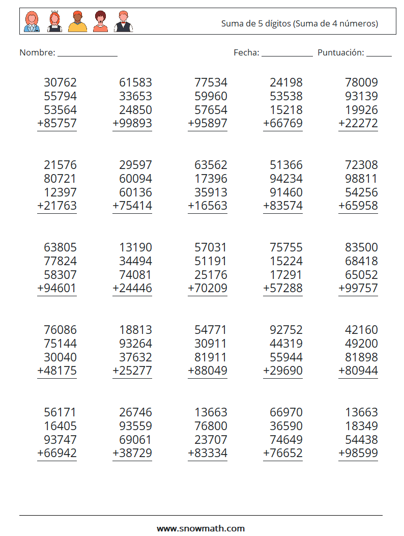 (25) Suma de 5 dígitos (Suma de 4 números) Hojas de trabajo de matemáticas 16