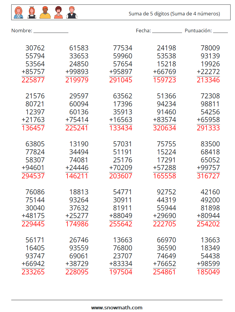 (25) Suma de 5 dígitos (Suma de 4 números) Hojas de trabajo de matemáticas 16 Pregunta, respuesta