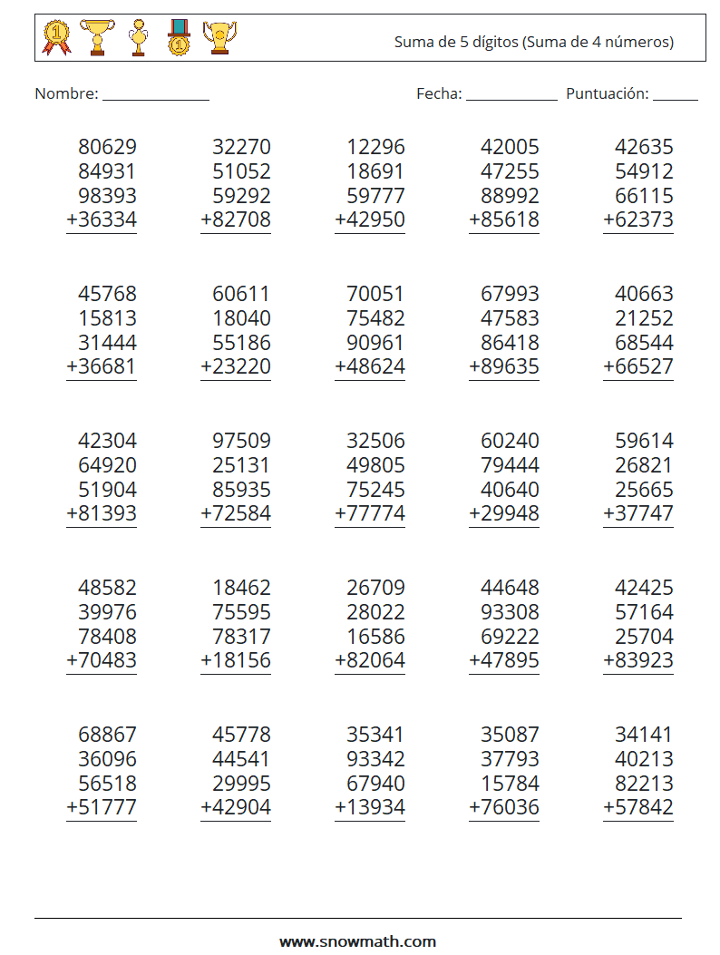 (25) Suma de 5 dígitos (Suma de 4 números) Hojas de trabajo de matemáticas 17