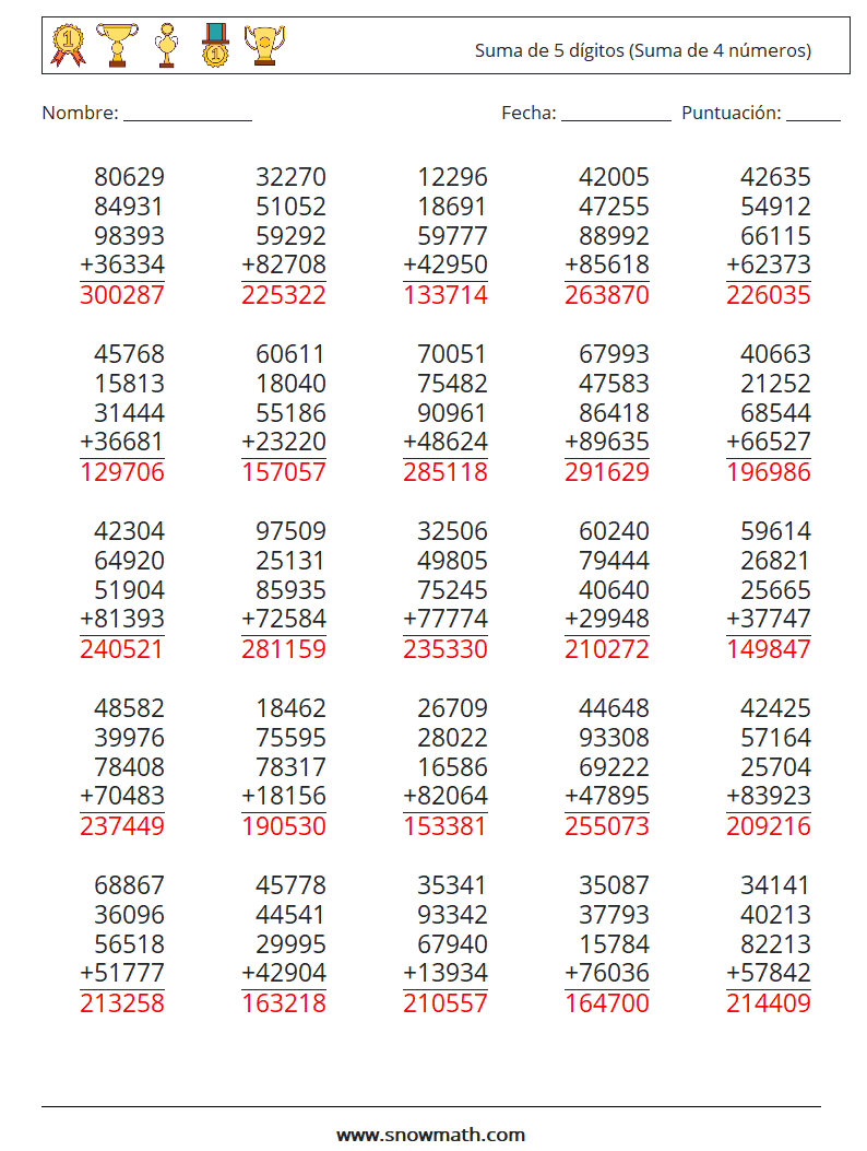 (25) Suma de 5 dígitos (Suma de 4 números) Hojas de trabajo de matemáticas 17 Pregunta, respuesta