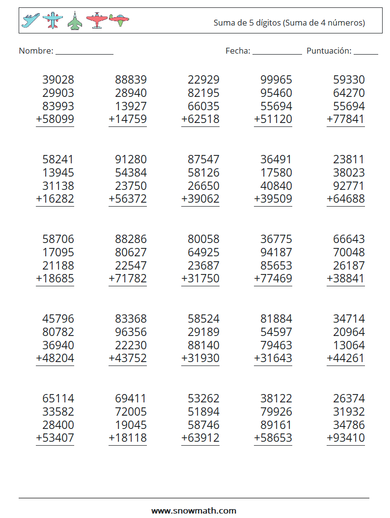 (25) Suma de 5 dígitos (Suma de 4 números) Hojas de trabajo de matemáticas 18