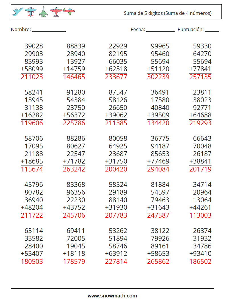 (25) Suma de 5 dígitos (Suma de 4 números) Hojas de trabajo de matemáticas 18 Pregunta, respuesta