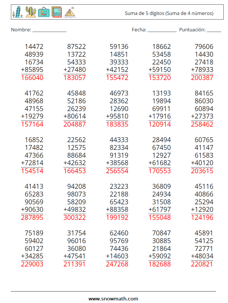 (25) Suma de 5 dígitos (Suma de 4 números) Hojas de trabajo de matemáticas 1 Pregunta, respuesta