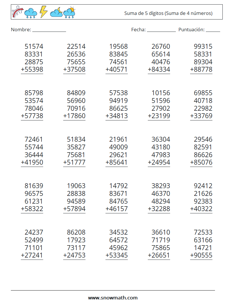 (25) Suma de 5 dígitos (Suma de 4 números) Hojas de trabajo de matemáticas 2