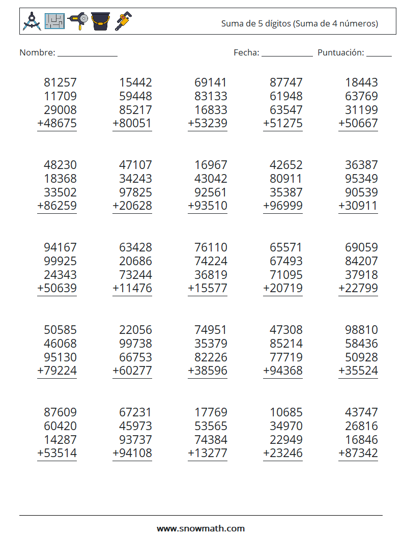 (25) Suma de 5 dígitos (Suma de 4 números) Hojas de trabajo de matemáticas 3