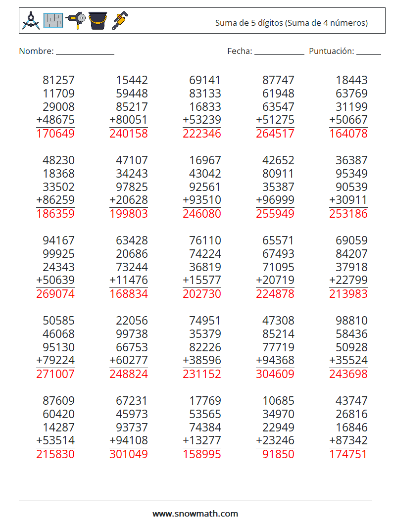 (25) Suma de 5 dígitos (Suma de 4 números) Hojas de trabajo de matemáticas 3 Pregunta, respuesta