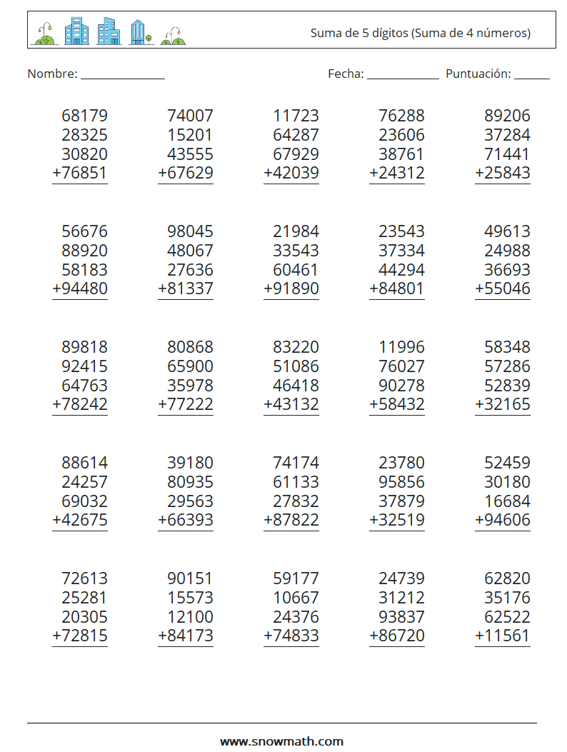 (25) Suma de 5 dígitos (Suma de 4 números) Hojas de trabajo de matemáticas 4