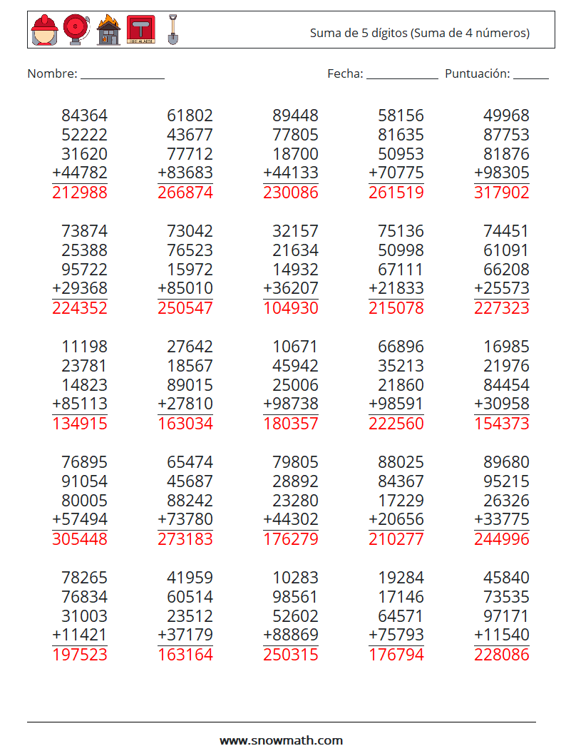 (25) Suma de 5 dígitos (Suma de 4 números) Hojas de trabajo de matemáticas 5 Pregunta, respuesta