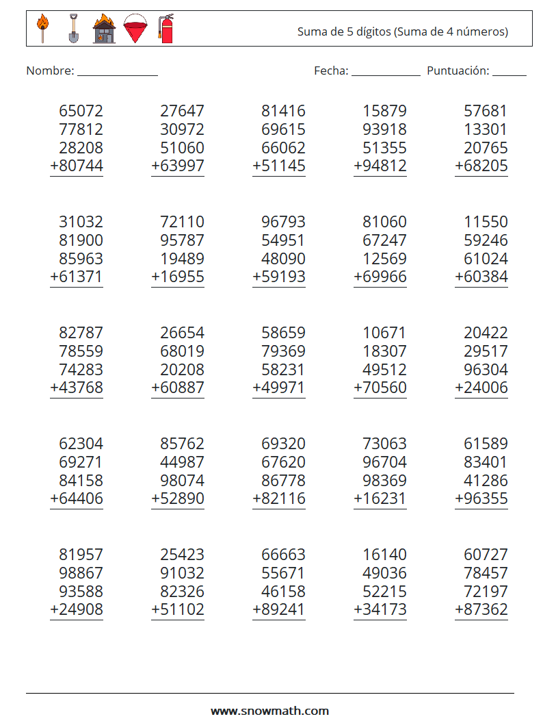 (25) Suma de 5 dígitos (Suma de 4 números) Hojas de trabajo de matemáticas 6