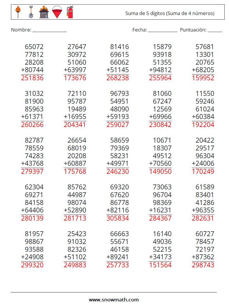 (25) Suma de 5 dígitos (Suma de 4 números) Hojas de trabajo de matemáticas 6 Pregunta, respuesta